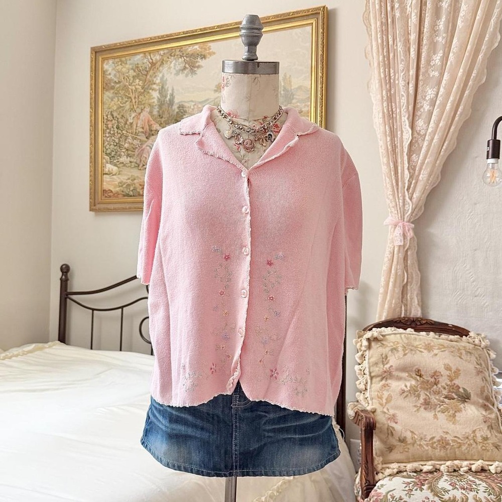 Pink Embroidered Cardigan Top  90s Koret size XL pink short sleeve